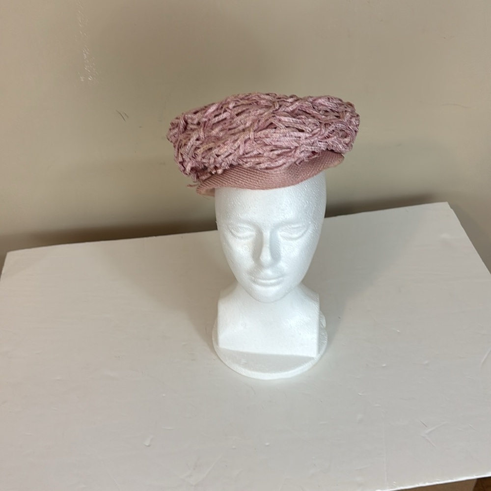 Vintage Chesterfield Original Pink Woven Ribbon Pillbox Beret Hat